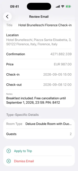 Waiz processant un email de reserva d’hotel en un viatge