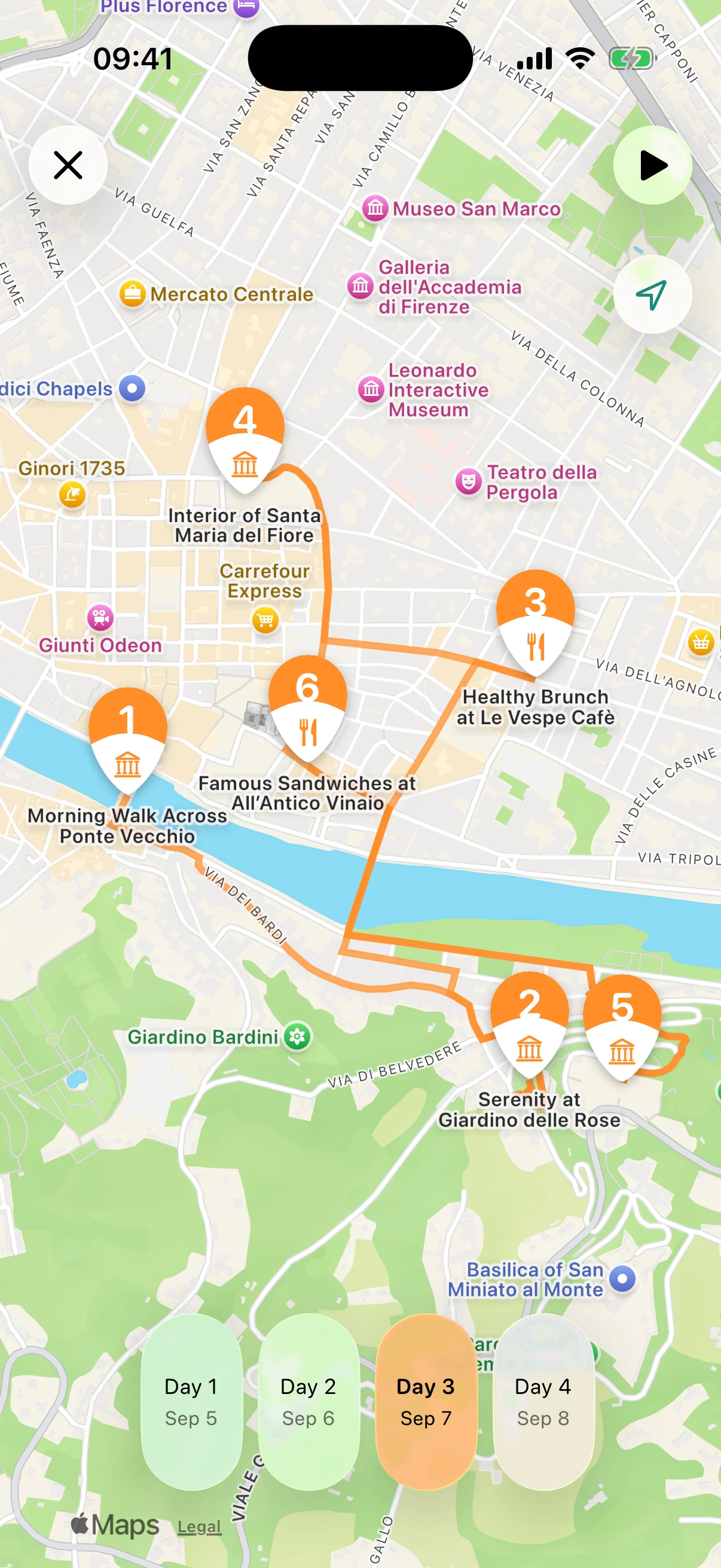 Mapa de viatge de Waiz amb rutes codificades per colors i pins numerats per tota Florència