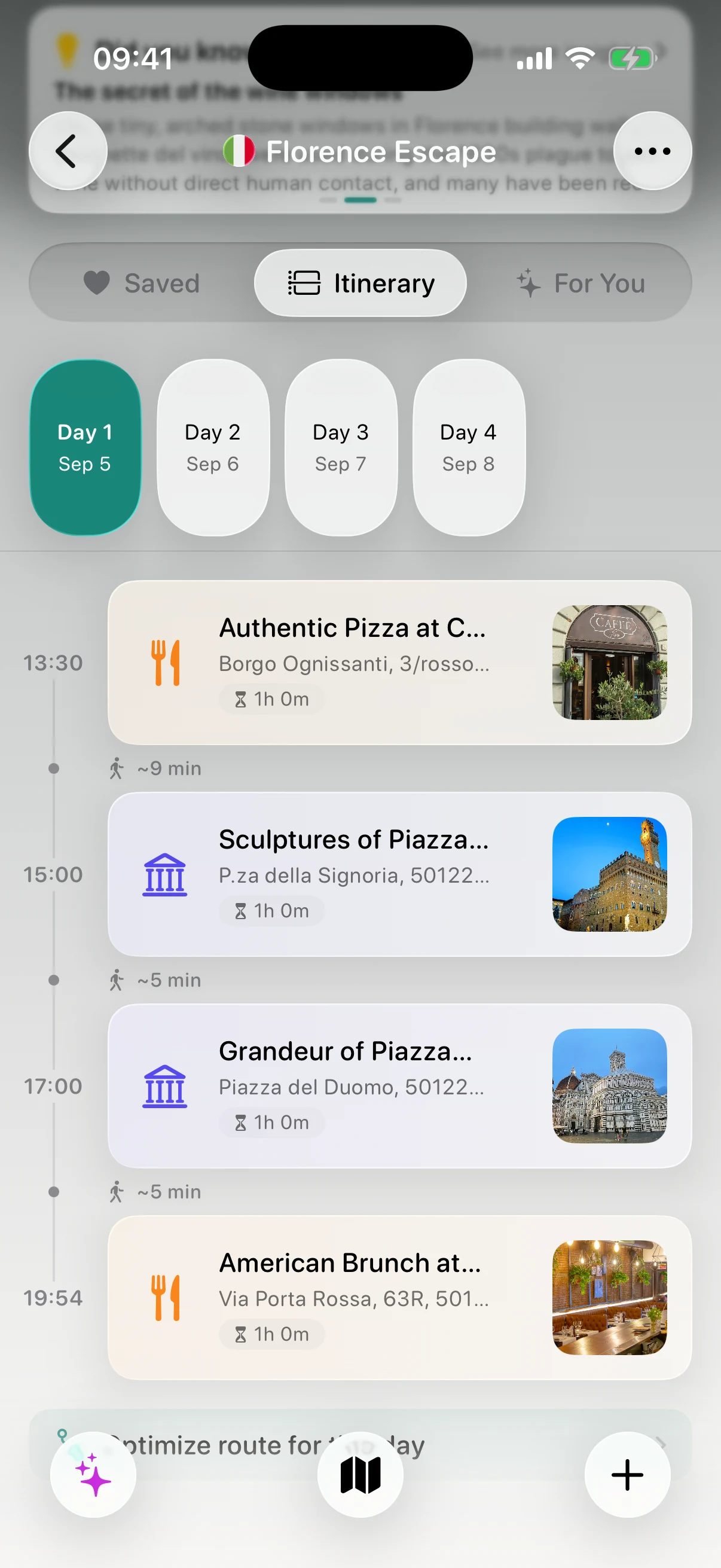 Itinerari dia a dia de Waiz amb targetes amb fotos i temps de desplaçament